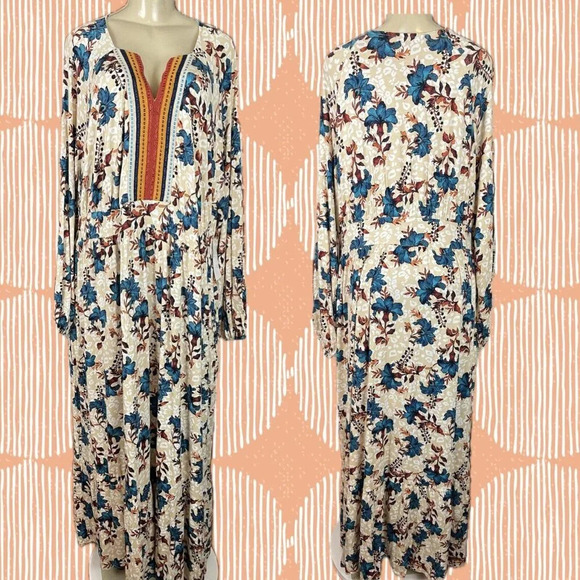 Roaman's +22/24 Fall Colors Floral Split Neck Long Sleeve Boho Style Maxi Dress - Picture 1 of 6